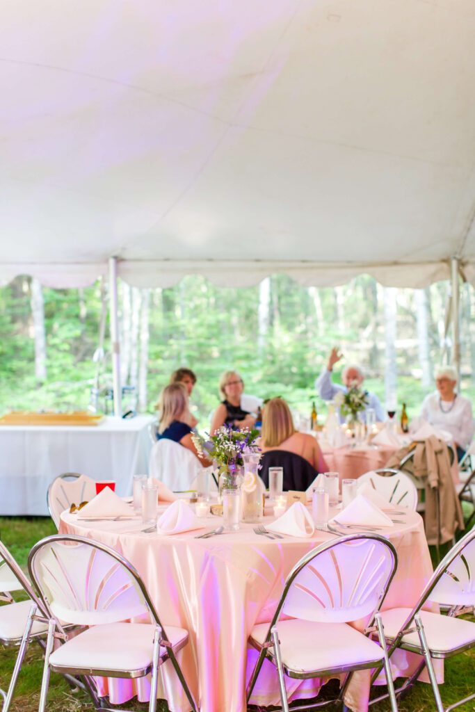 white tent reception decor Eagle River Cabin Wedding