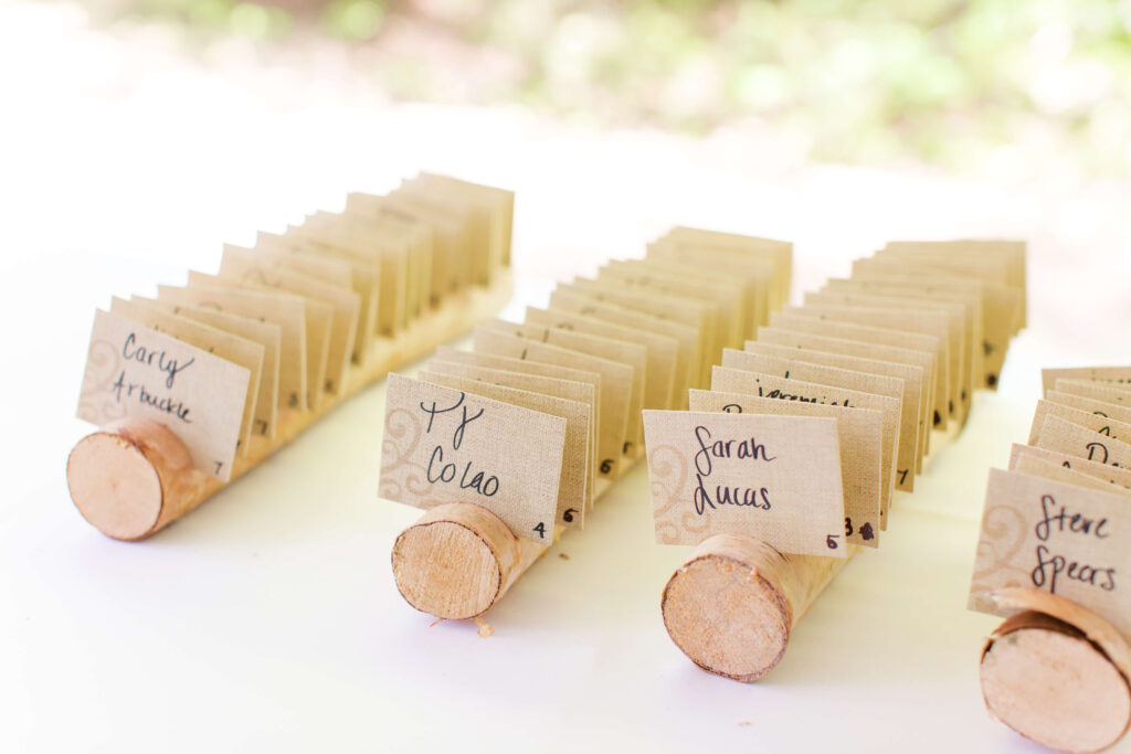 guest seating cards Eagle River Cabin Wedding
